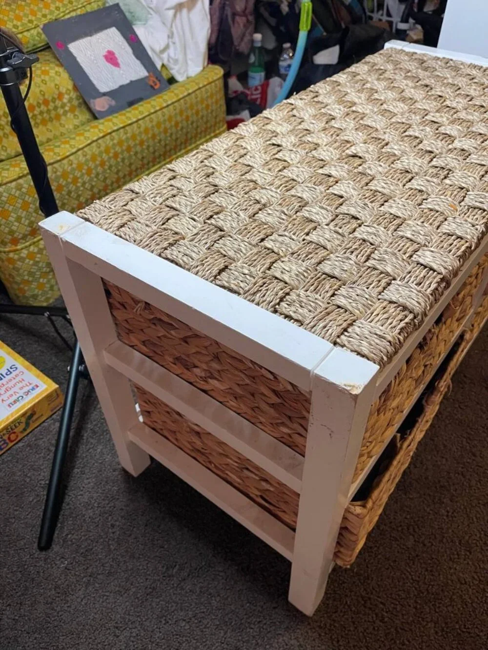 Storage Bench with 4 Wicker Baskets – White & Natural